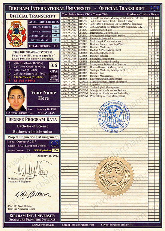 Transcrit - Certificat de Notes Bircham International University